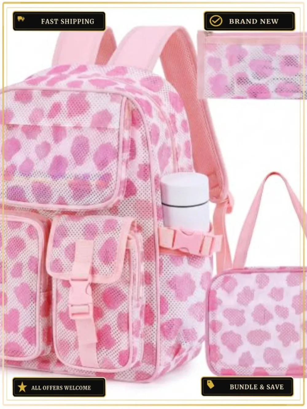 Mesh Backpack Set with Lunch Bag and Pencil Case, See Through, Multiple